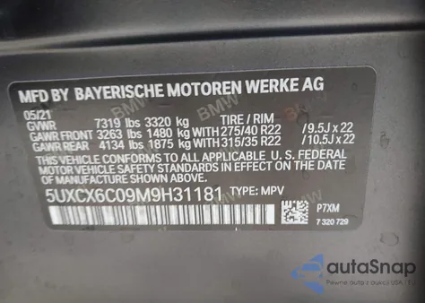 2021 BMW X7 M50I z USA, uszkodzony, nr VIN 5UXCX6C09M9H31181